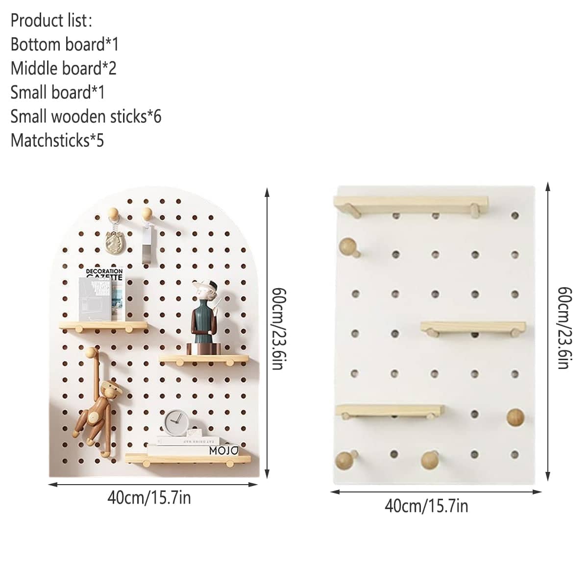 Wall Mounted Pegboard Storage Shelf, Square Display Rack with Wooden Hooks, 60 x 40 cm - view 4