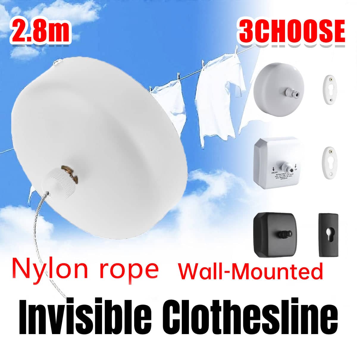 Wall-Mounted Retractable Invisible Clothesline, 2.8 m - White Square - view 2