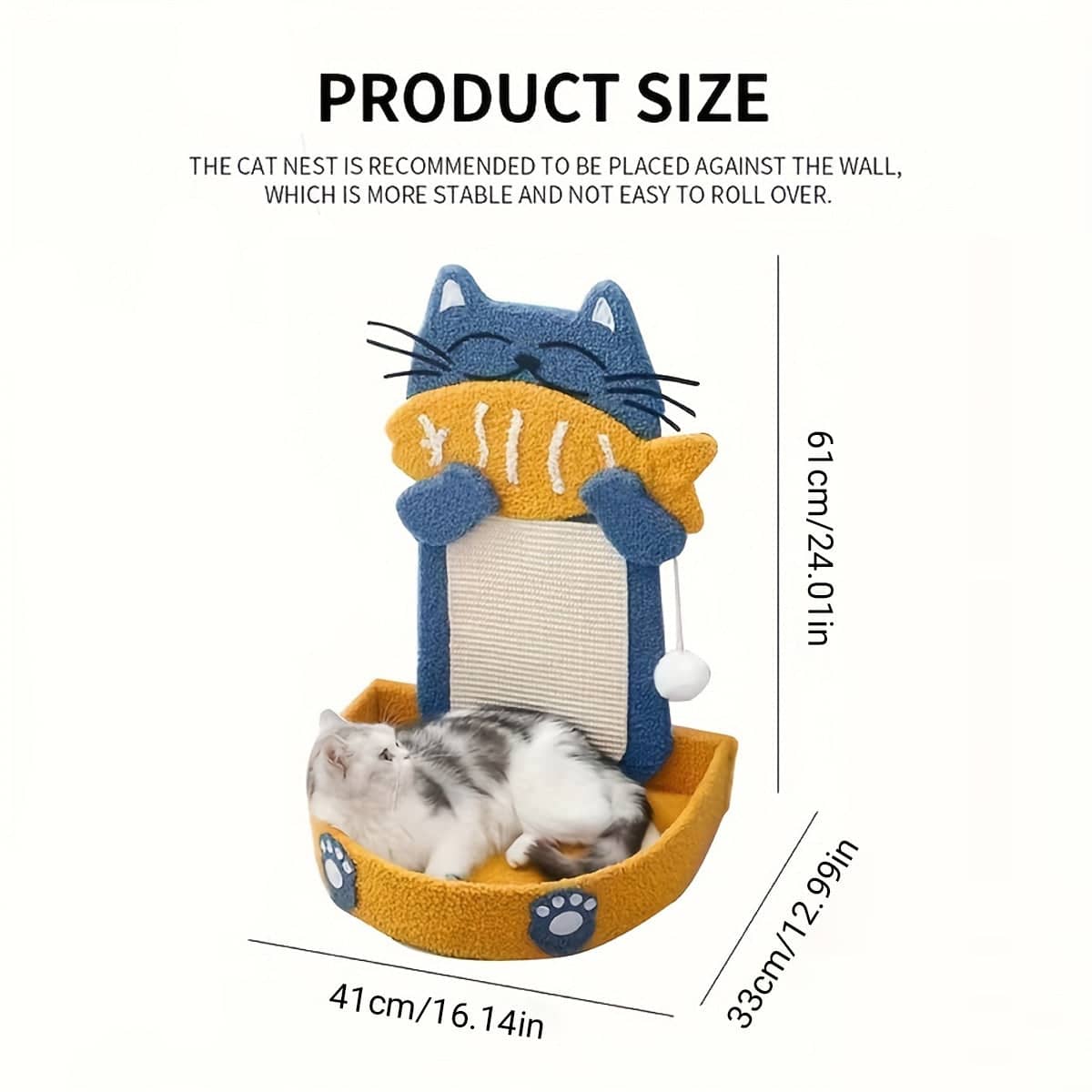 Wall Mounted Sisal Cat Scratching Post with Bed and Hanging Toy - view 3
