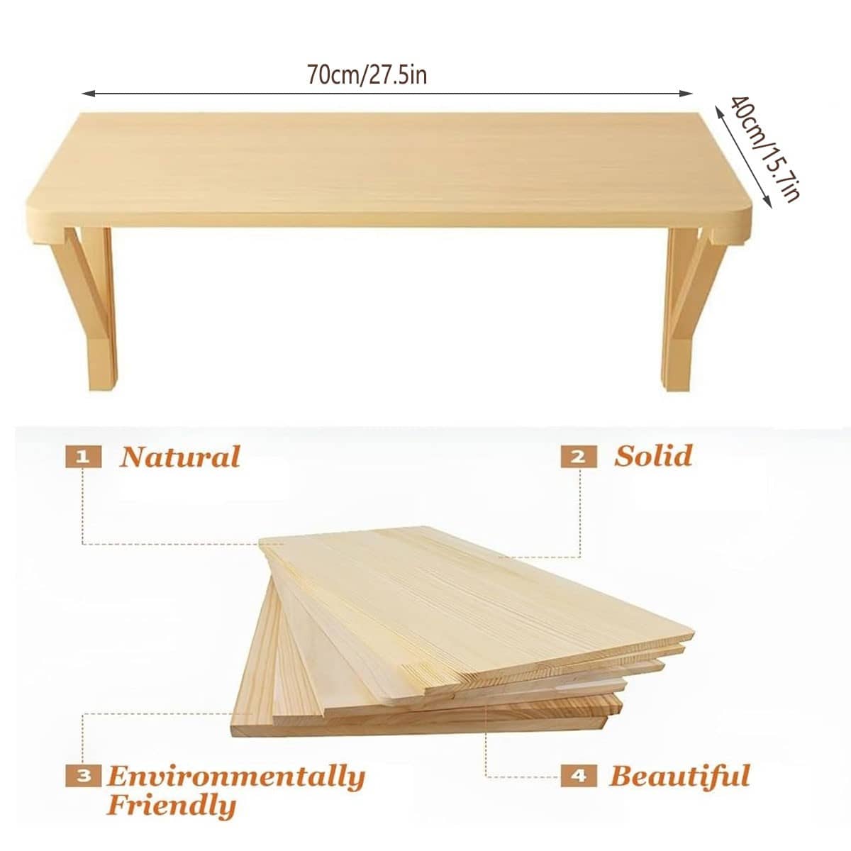 Wall Mounted Solid Pine Drop Leaf Table 70 x 40 cm, Foldable Wall Desk Shelf - view 3