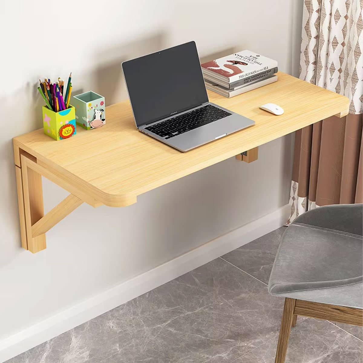 Wall Mounted Solid Pine Drop Leaf Table 70 x 40 cm, Foldable Wall Desk Shelf - view 5