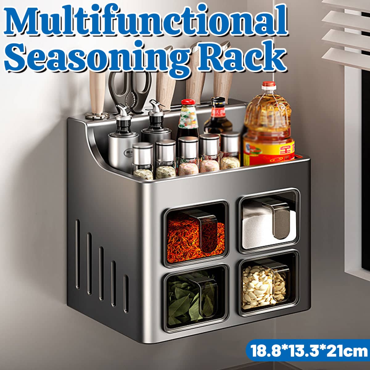 Wall-Mounted Spice Rack with Knife Holder and 4 Pull-Out Spice Boxes, Space Saving