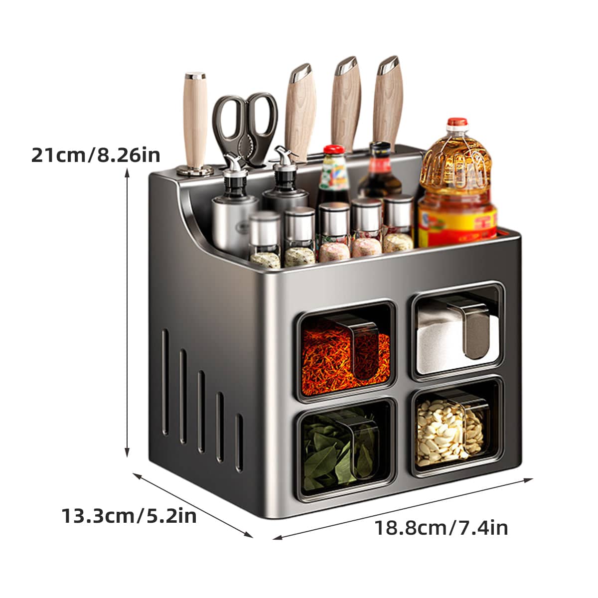 Wall-Mounted Spice Rack with Knife Holder and 4 Pull-Out Spice Boxes, Space Saving - view 3