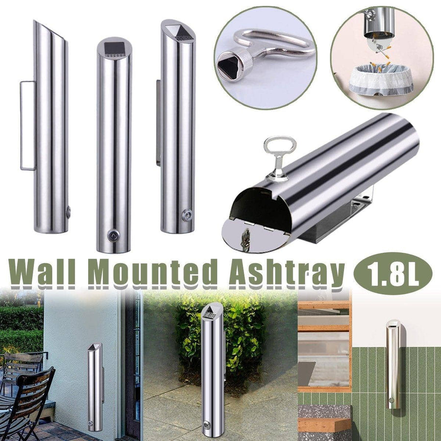 Wall Mounted Stainless Steel Ashtray, 1.8L Lockable - Silver
