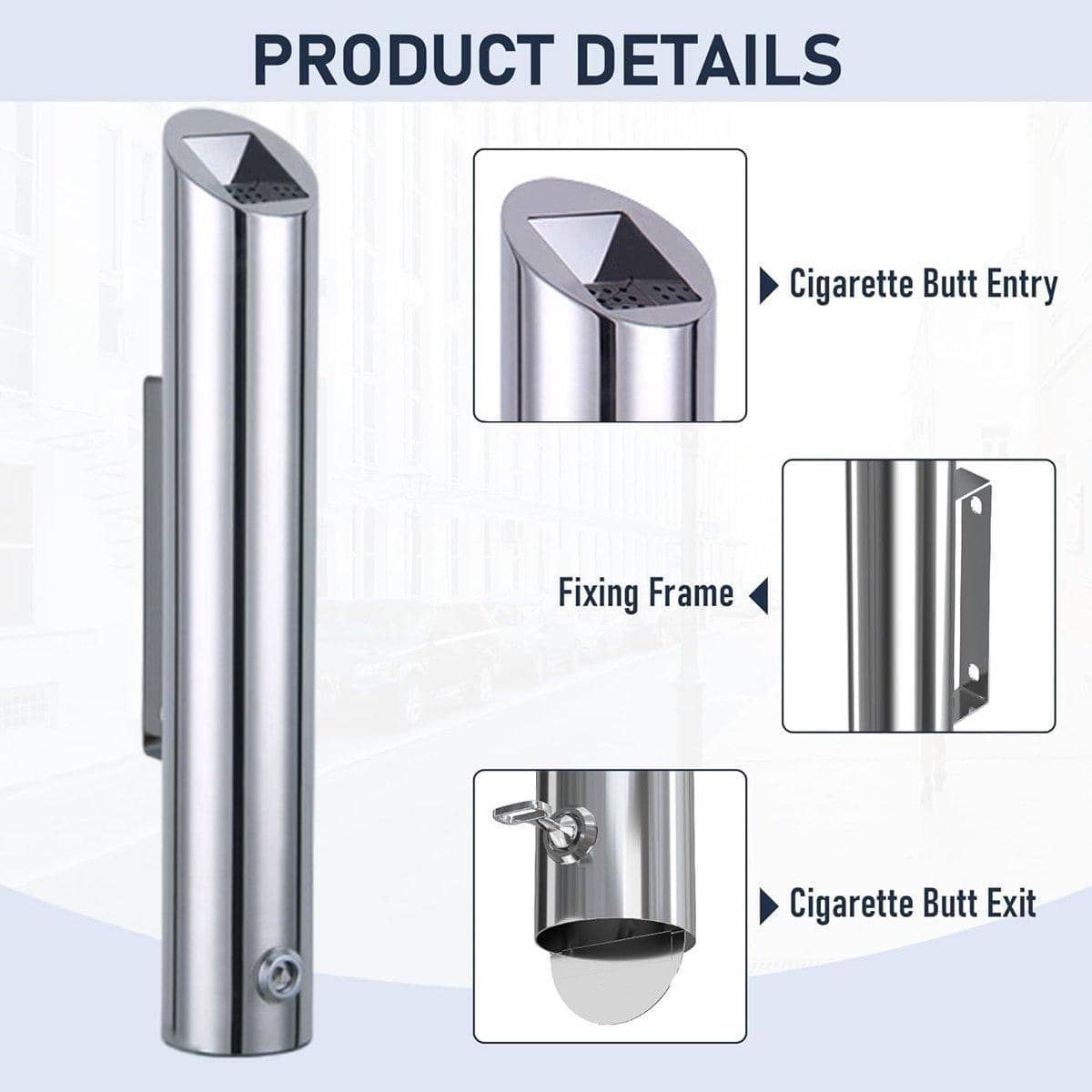 Wall Mounted Stainless Steel Ashtray, 1.8L Lockable - Silver - view 4