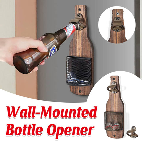 Wall-Mounted Wooden Bottle Opener, Bottle Shaped with Cap Catcher