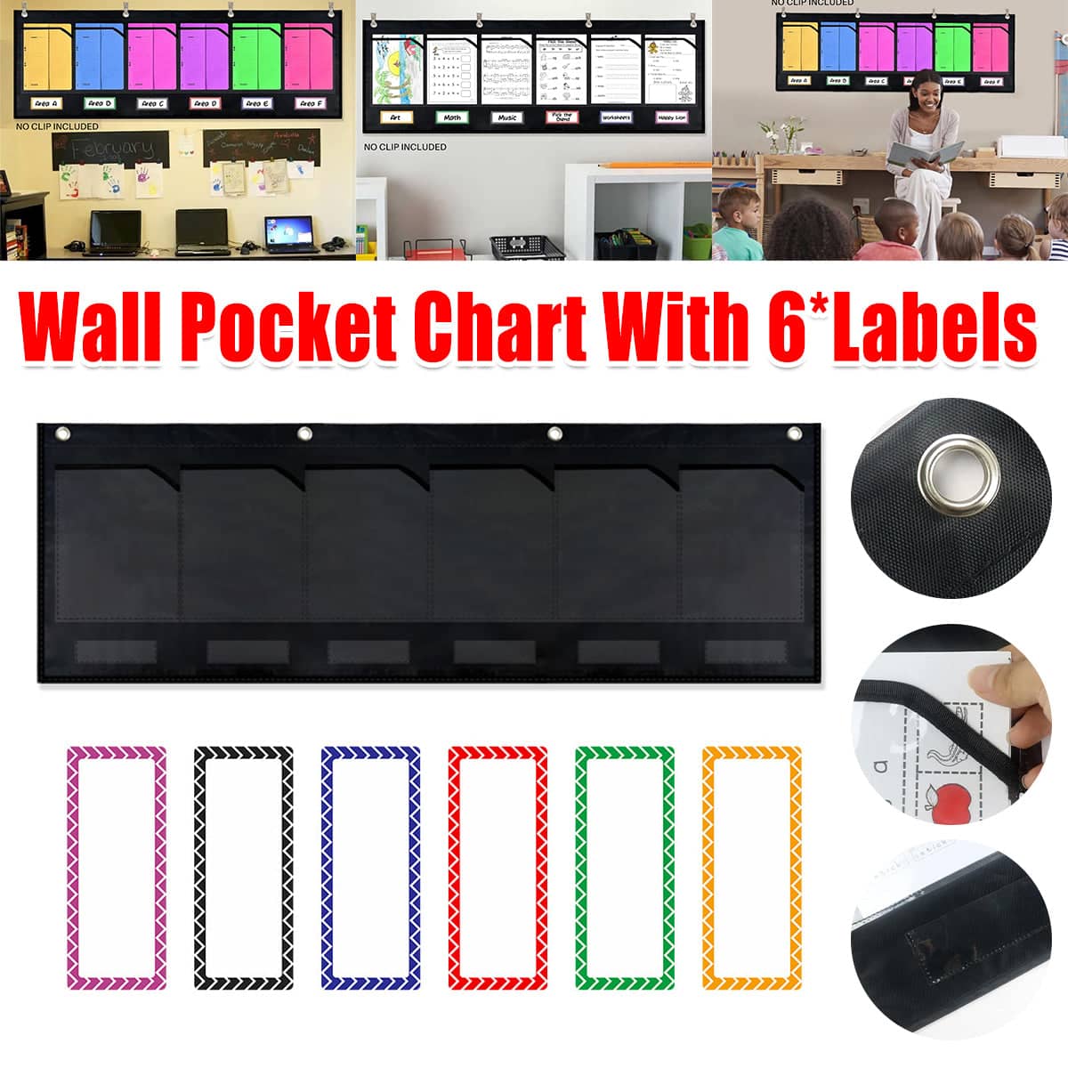 Wall Pocket Chart with 6 Pockets, Durable Oxford Cloth for School and Office