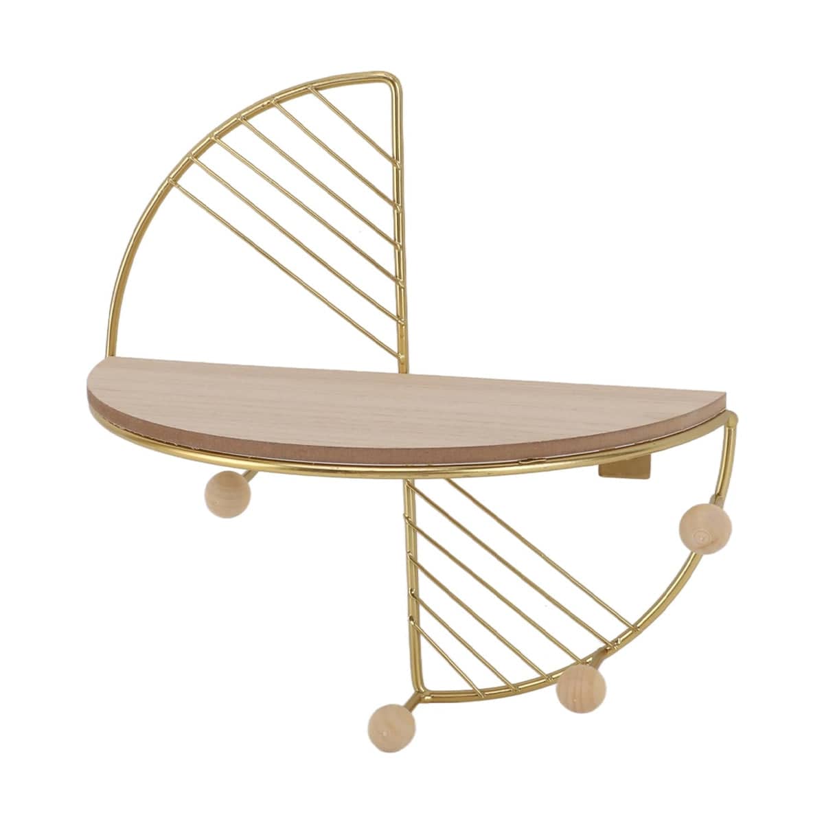 Wall Storage Rack with Wooden Hooks, Gold and Natural Wood - view 2