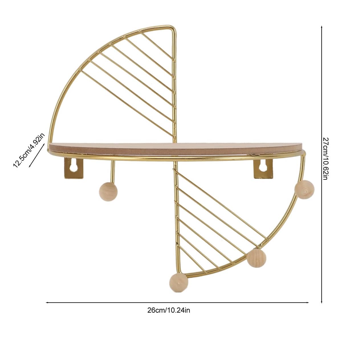 Wall Storage Rack with Wooden Hooks, Gold and Natural Wood - view 3