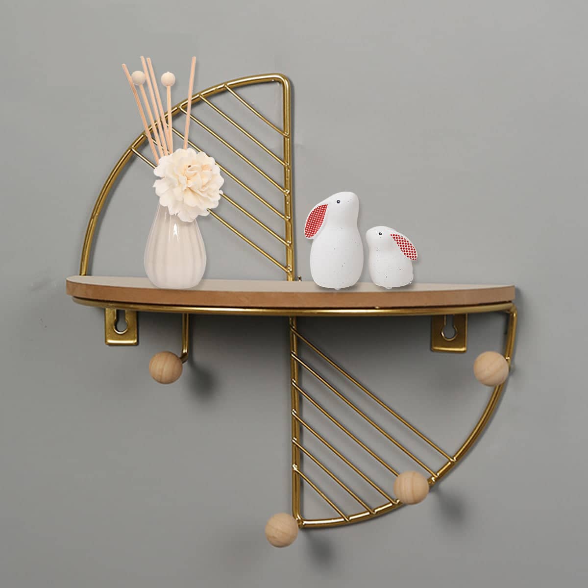 Wall Storage Rack with Wooden Hooks, Gold and Natural Wood - view 5