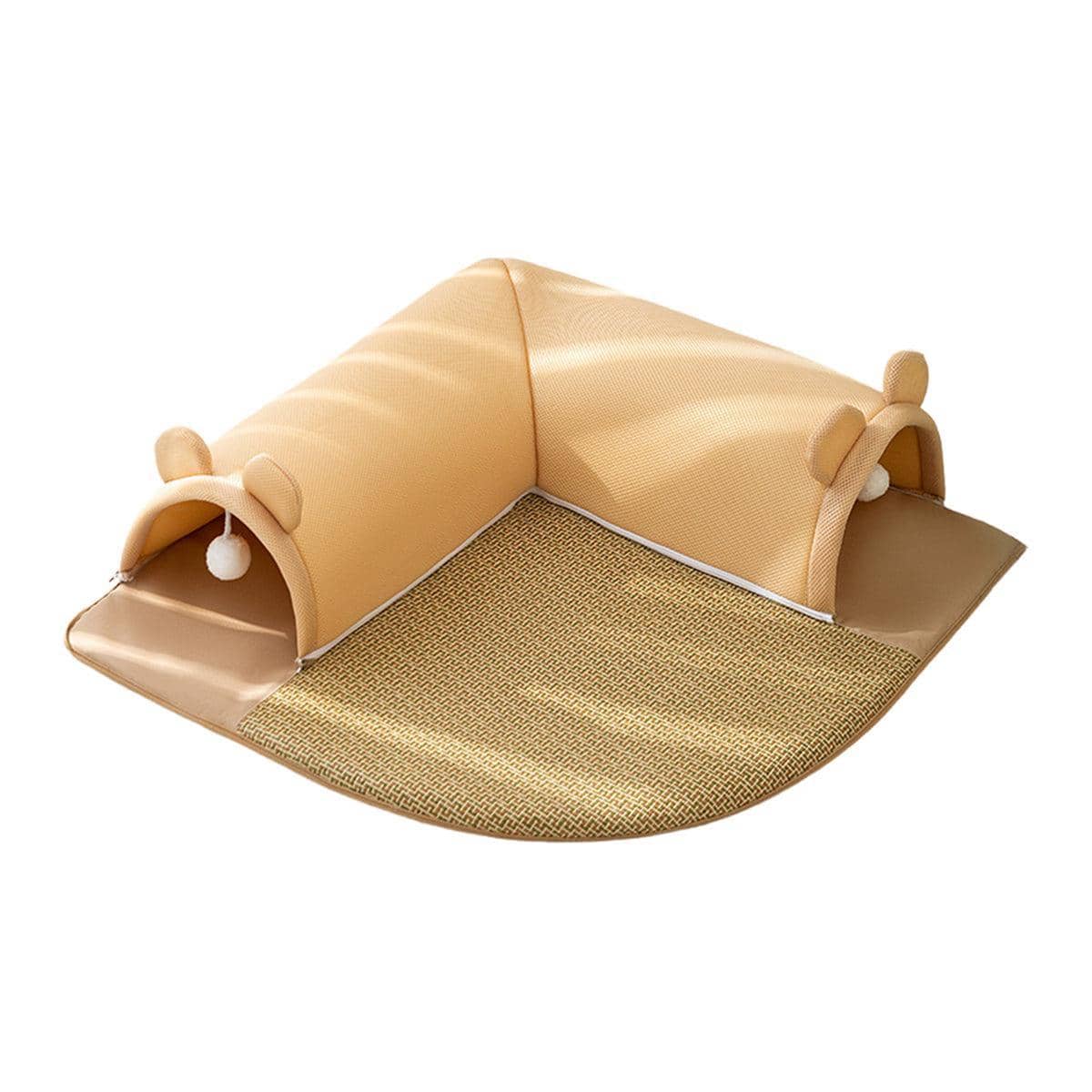 Washable Cat Tunnel Bed with Dangling Toy - Light Brown, Small (50 x 50 cm)