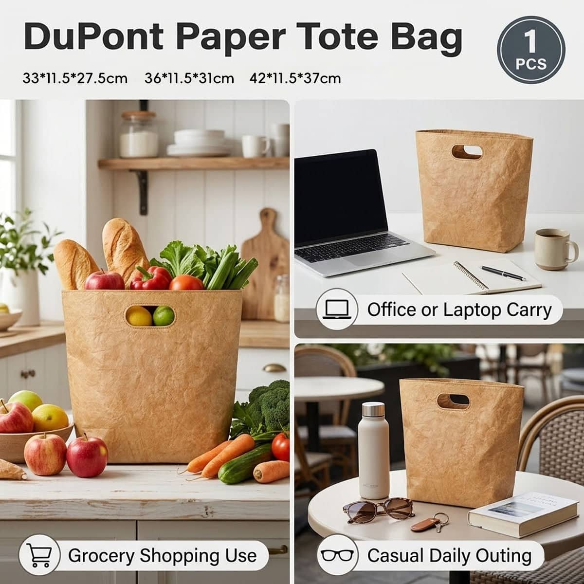 Washable Kraft Style Paper Tote Bag with Built-In Handle - 42 x 11.5 x 37 cm - view 2
