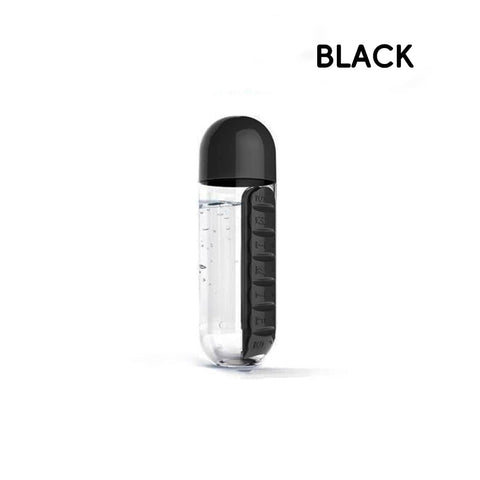 Water Bottle with Built-In 7 Day Pill Organiser, 600ml - Black