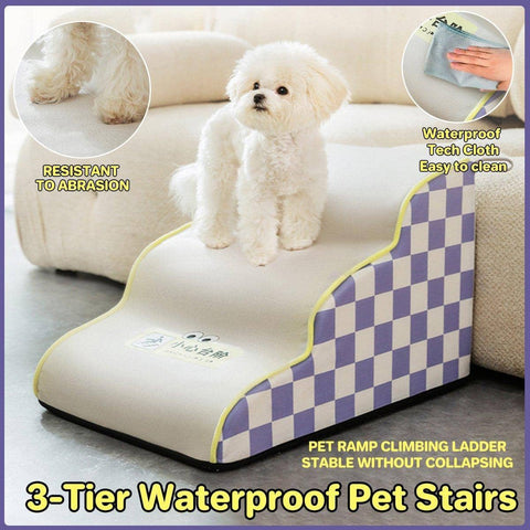 Waterproof 3-Tier Dog Stairs with Removable Washable Cover - Cream and Purple Check