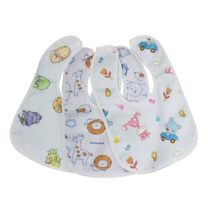 Waterproof Cotton Baby Bibs, Pack of 3 with Cute Prints - Light Blue