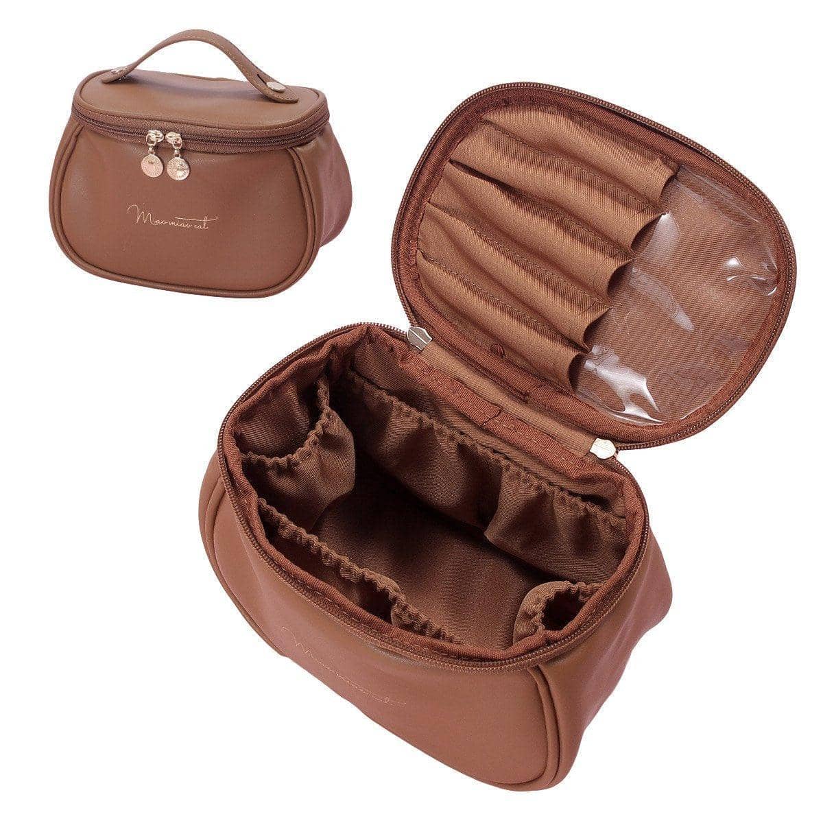 Waterproof Faux Leather Makeup Organiser Bag - Brown