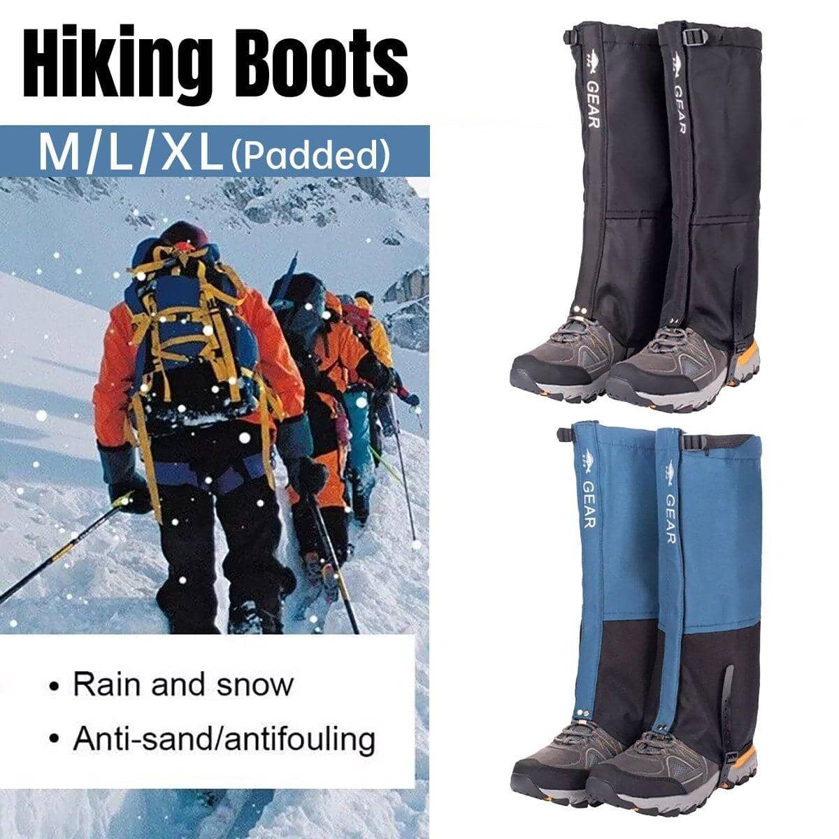 Waterproof Hiking Gaiters, 620D Nylon - Black, Size L (Front Height 35 cm) - view 2