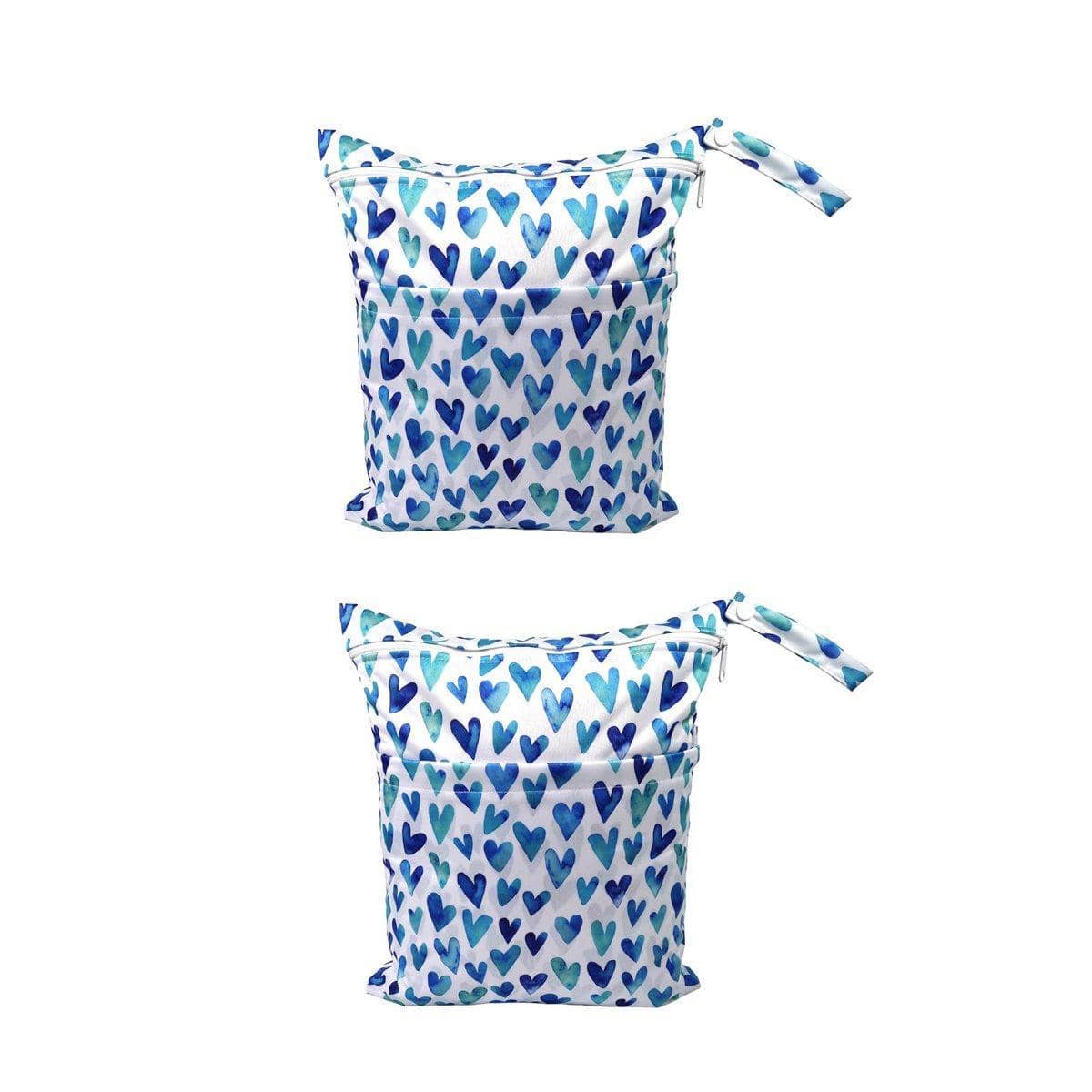 Waterproof Nappy Wet Bags with Double Zipper, Pack of 2 - Blue Heart Print