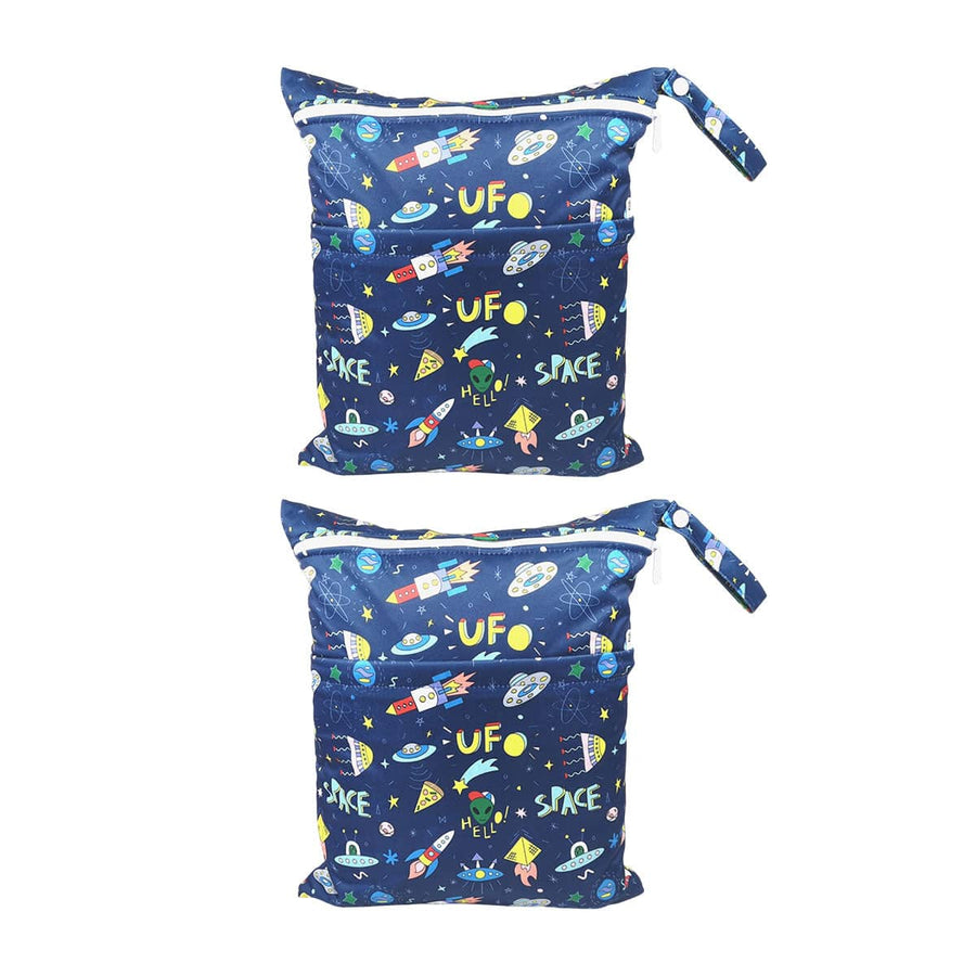 Waterproof Nappy Wet Bags with Double Zipper, Pack of 2 - Navy Space and UFO Print