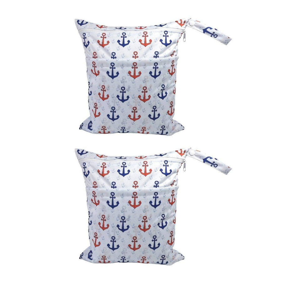 Waterproof Nappy Wet Bags with Double Zipper, Pack of 2 - Red and Blue Anchor Print