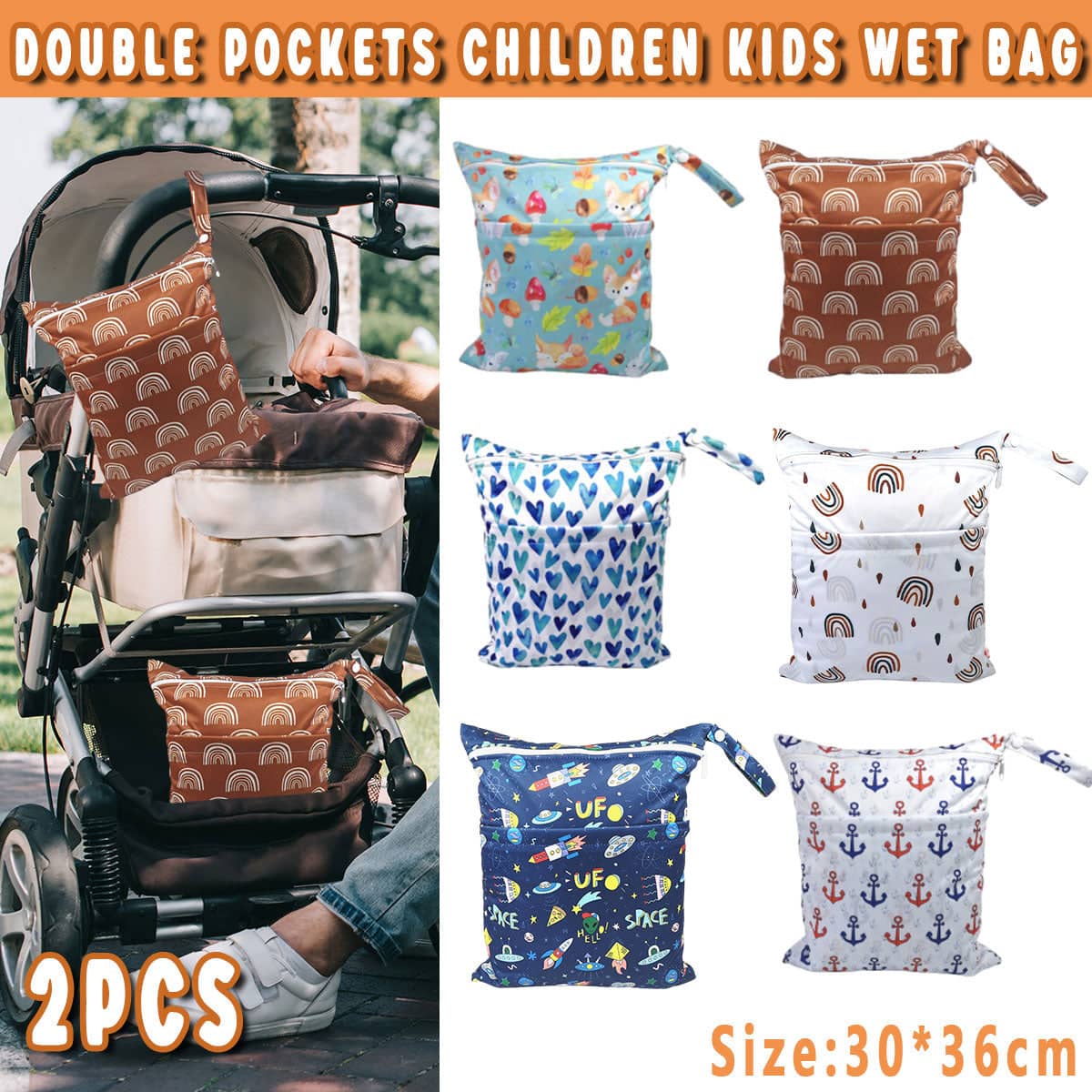 Waterproof Nappy Wet Bags with Double Zipper, Pack of 2 - Red and Blue Anchor Print - view 2