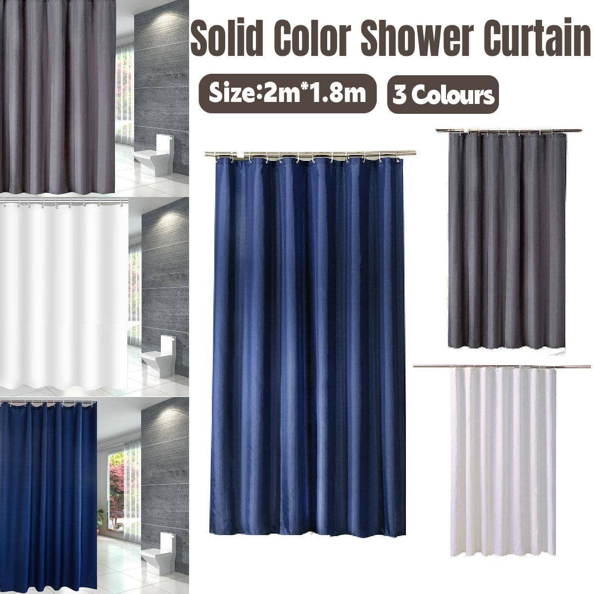 Waterproof Polyester Shower Curtain with 12 Hooks, 180 x 200 cm - White - view 2