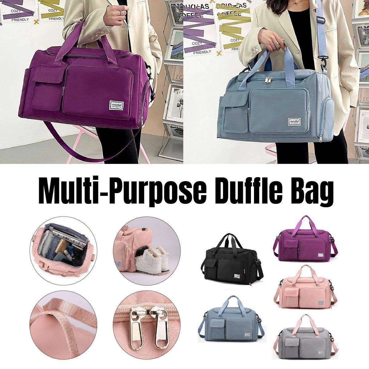 Waterproof Travel Duffle Bag with Shoe Compartment - Black - view 2