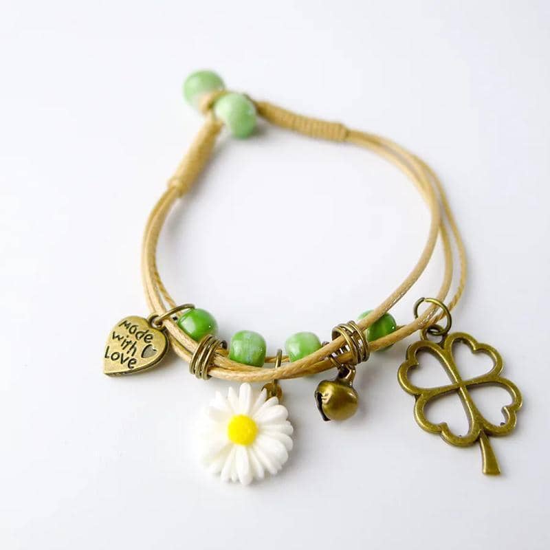 Waxed Cord Ceramic Bead Bracelet - Daisy, Heart and Clover Charms