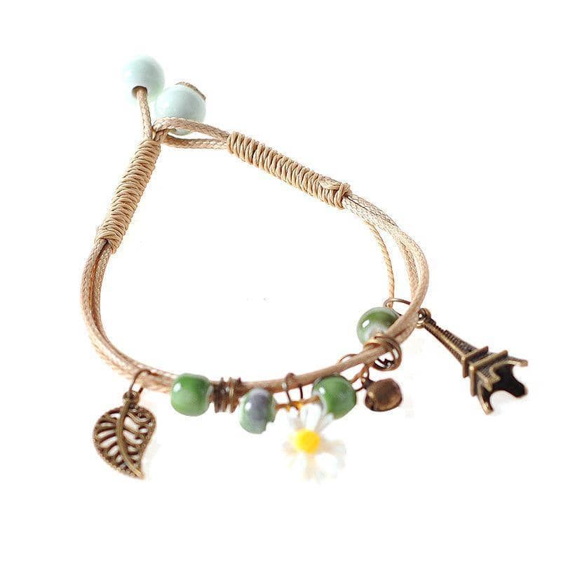 Waxed Cord Ceramic Bead Bracelet - Daisy, Leaf and Eiffel Tower Charms