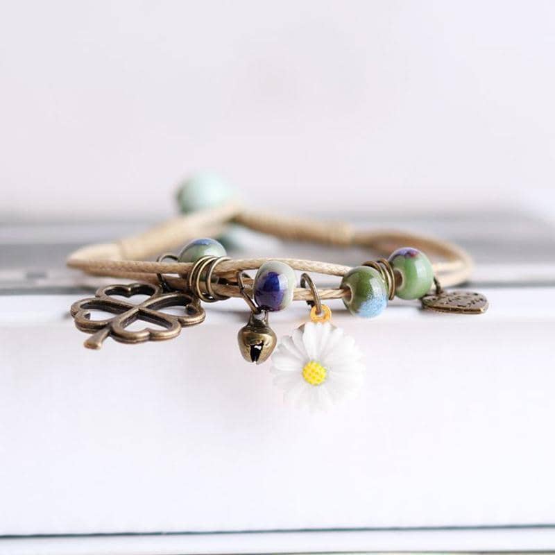 Waxed Cord Ceramic Bead Bracelet - Daisy, Leaf and Eiffel Tower Charms - view 3