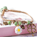 Waxed Cord Ceramic Bead Bracelet - Daisy, Leaf and Eiffel Tower Charms - view 4