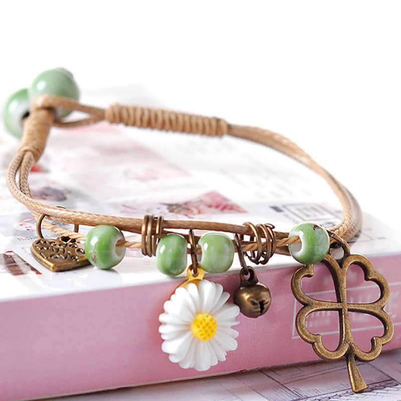 Waxed Cord Ceramic Bead Bracelet - Daisy, Leaf and Eiffel Tower Charms - view 4