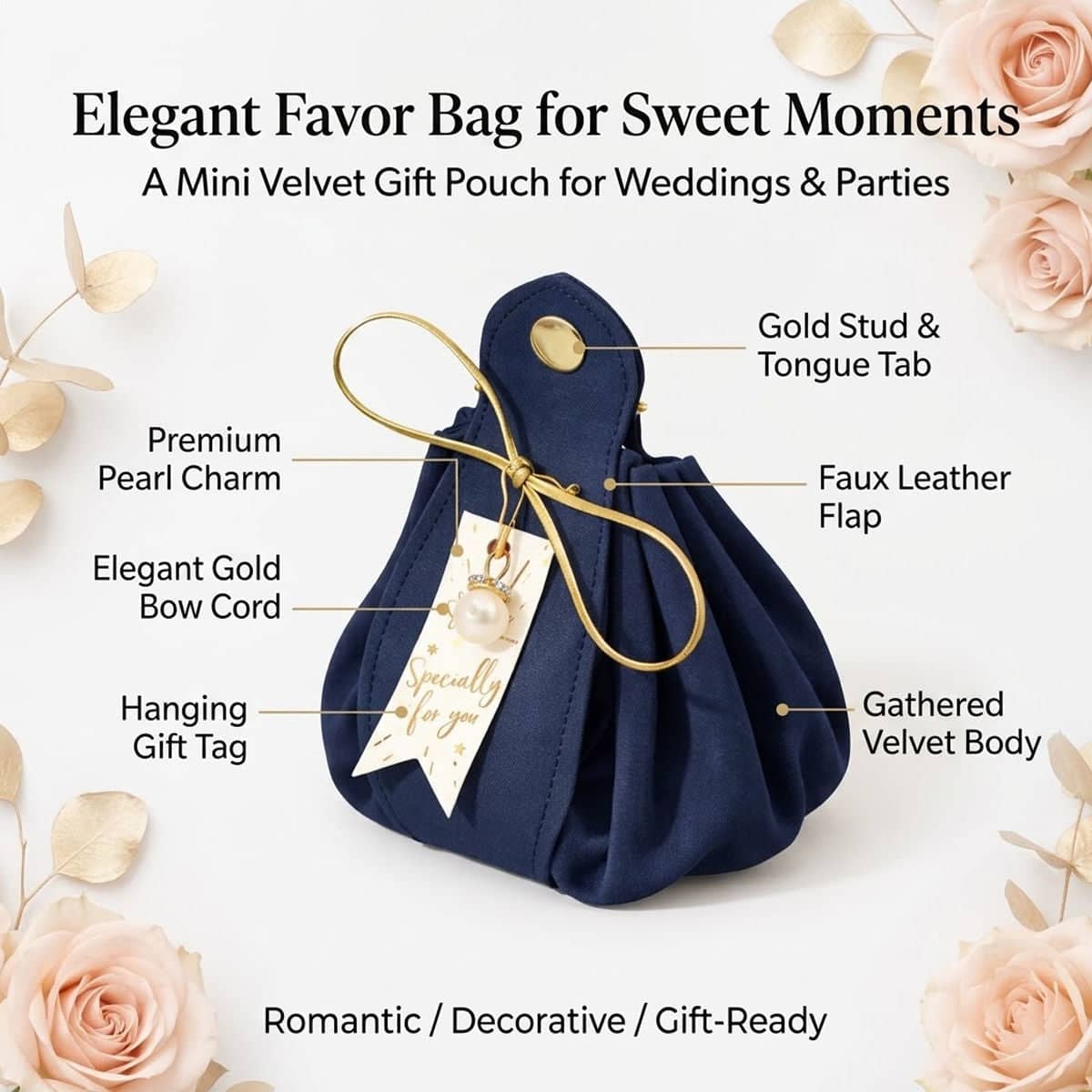 Wedding Candy Favour Bags with Pearl Charm and Gift Tag, Pack of 10 - Navy Blue - view 5