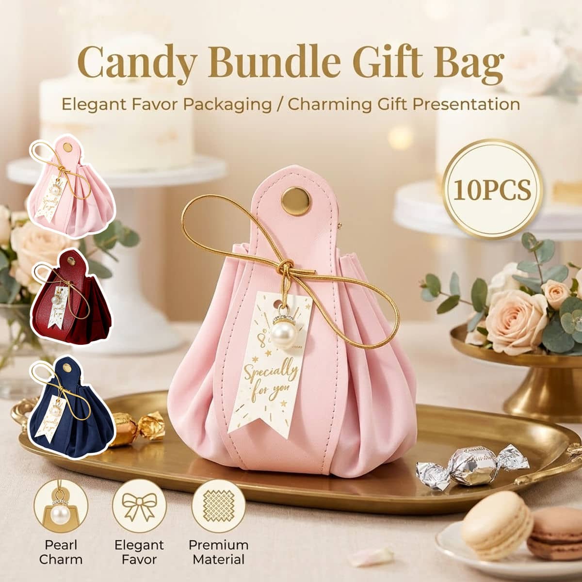 Wedding Candy Favour Bags with Pearl Charm and Gift Tag, Pack of 10 - Red - view 2