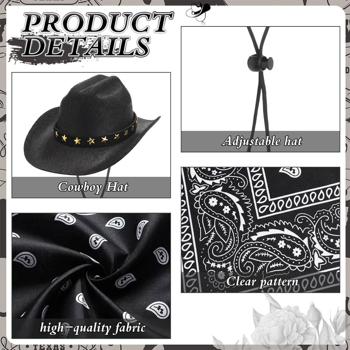 Western Cowboy Hat and Paisley Bandana Pet Costume Set - Black - view 5