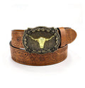 Western Longhorn Buckle Belt, Faux Leather, Brown - 115cm
