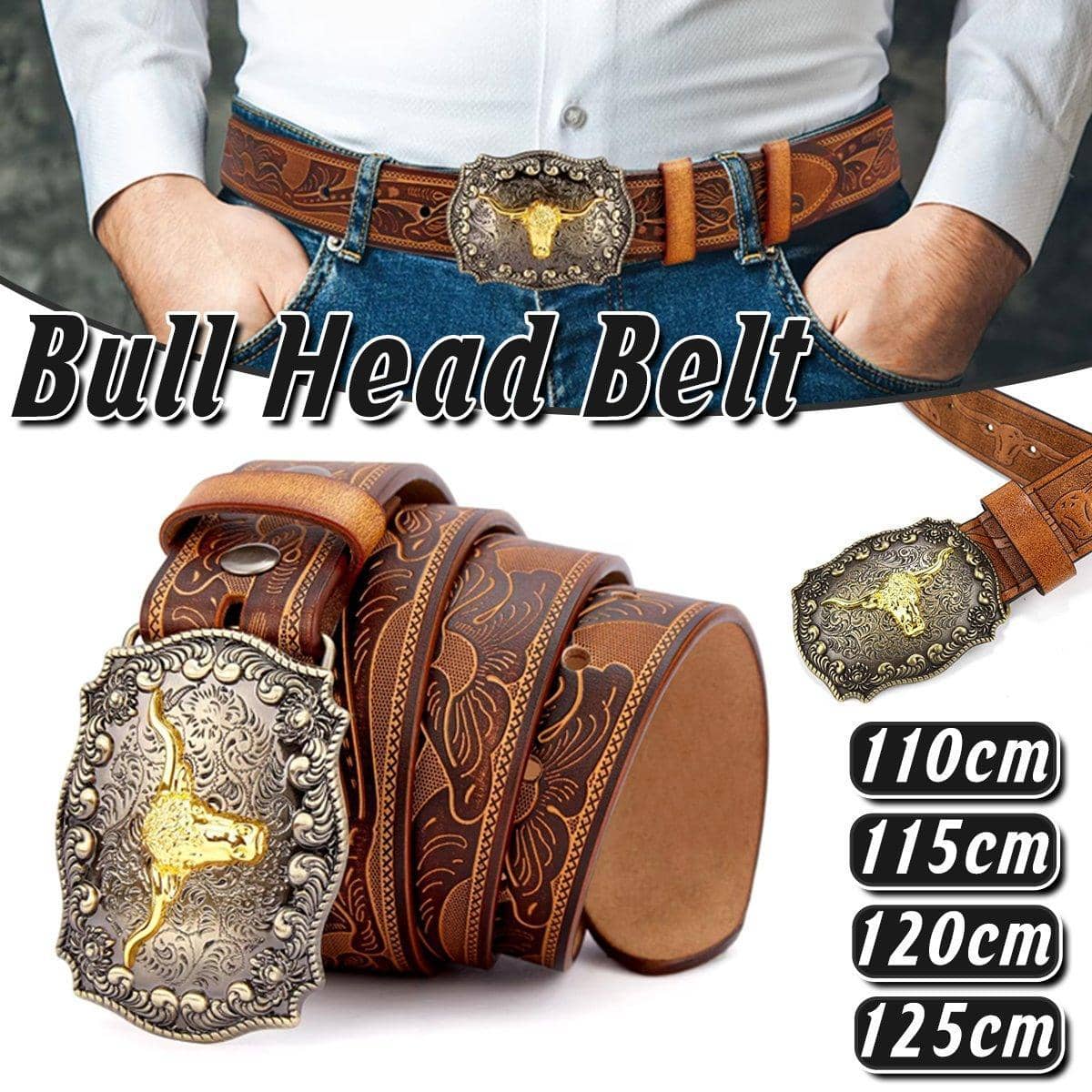 Western Longhorn Buckle Belt, Faux Leather, Brown - 115cm - view 2