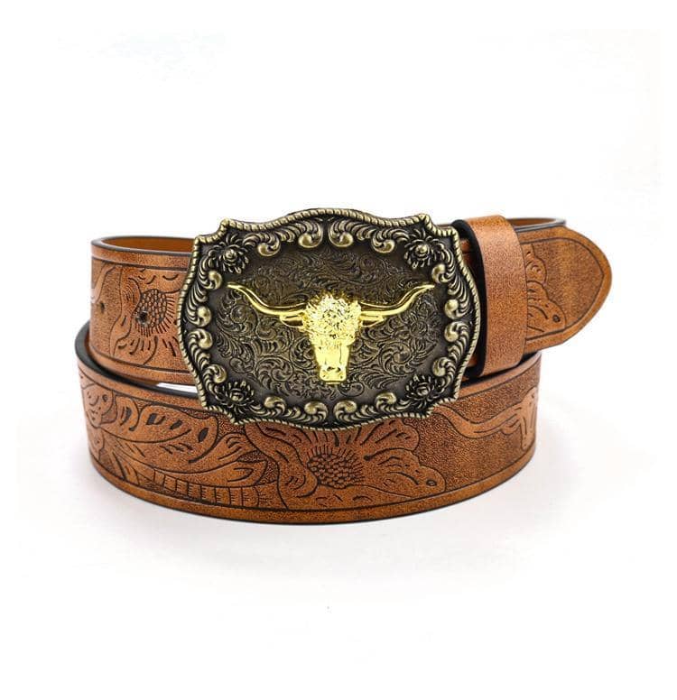 Western Longhorn Buckle Belt, Faux Leather, Brown - 120cm