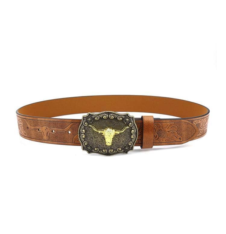 Western Longhorn Buckle Belt, Faux Leather, Brown - 120cm - view 3
