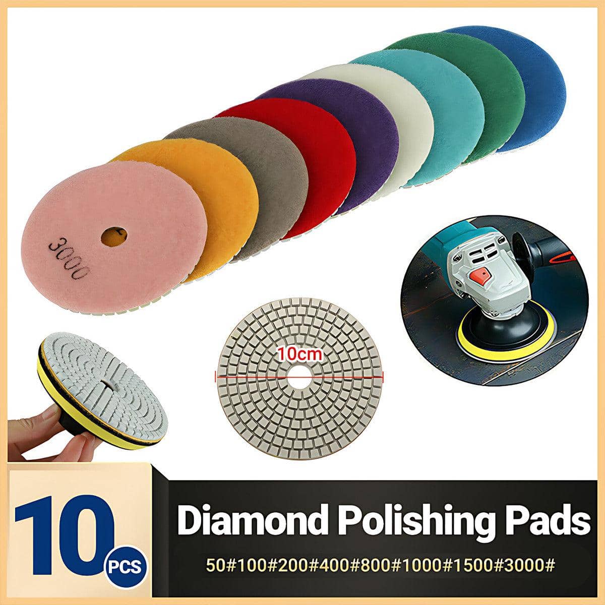 Wet and Dry Diamond Polishing Pads for Granite and Marble, 10 cm (4 Inch) - 10 Piece Set