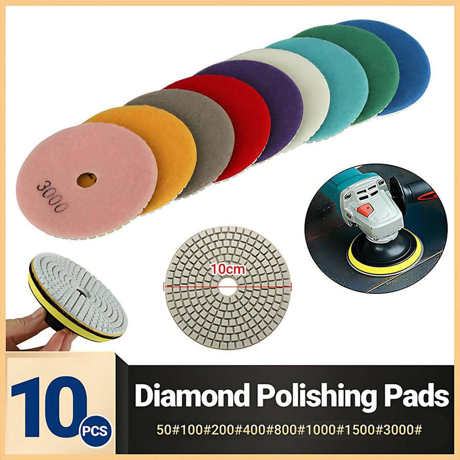 Wet and Dry Diamond Polishing Pads for Granite and Marble, 10 cm (4 Inch) - 10 Piece Set