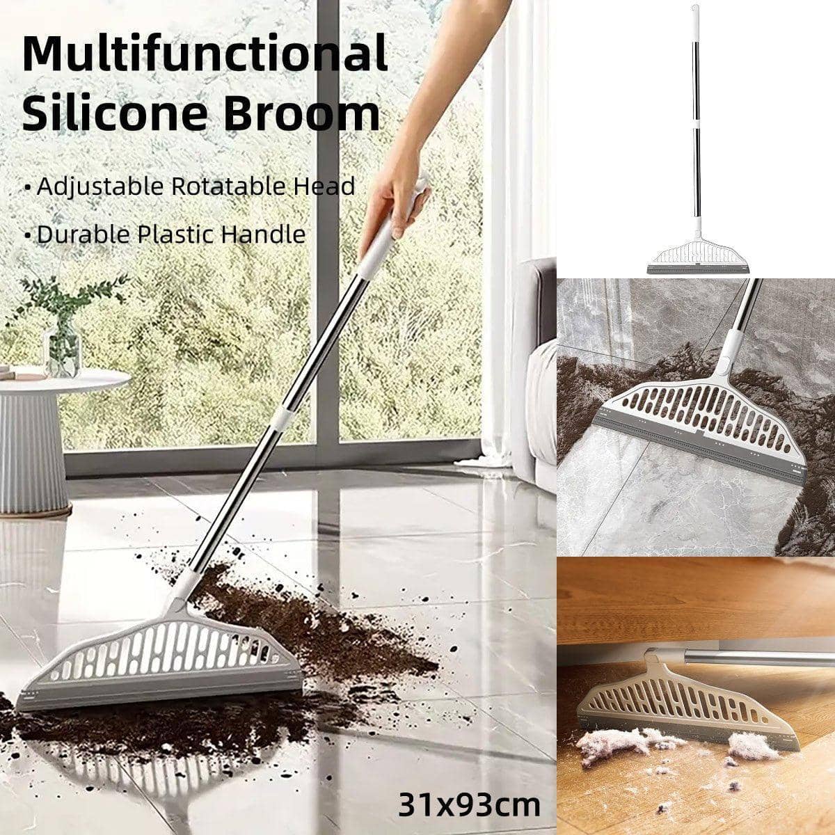 Wet and Dry Floor Scraper Sweeper with Rotating Head and Silicone Blade