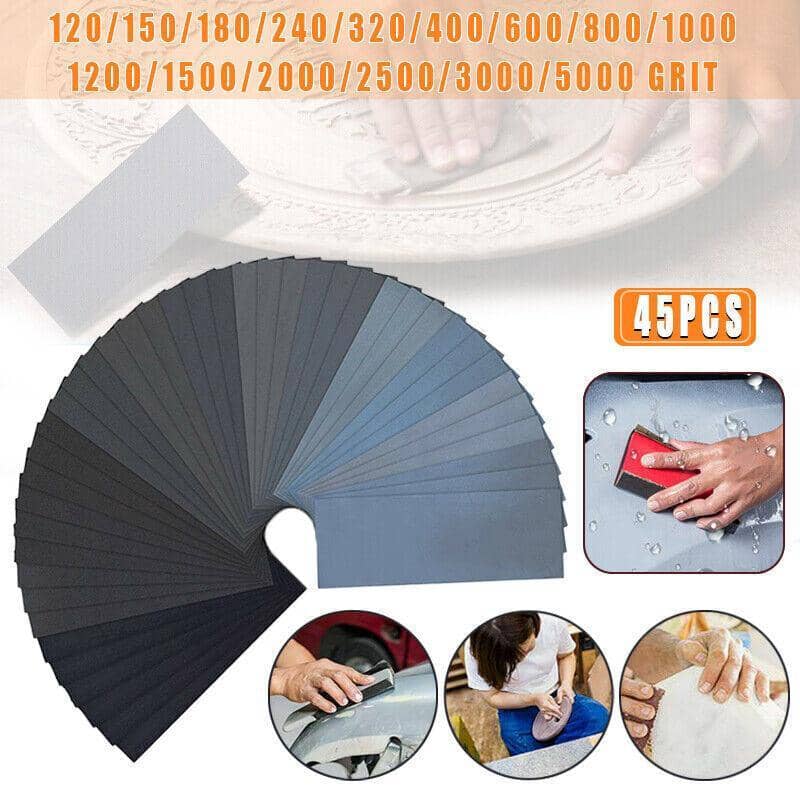 Wet and Dry Sandpaper Set of 45, Grits 120 to 5000, Silicon Carbide Sheets