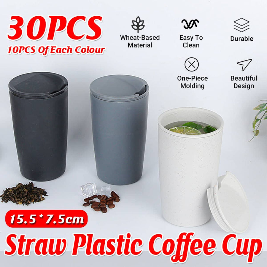 Wheat Straw Coffee Cups with Lids for Cold Drinks, Pack of 30, Black, Grey and White