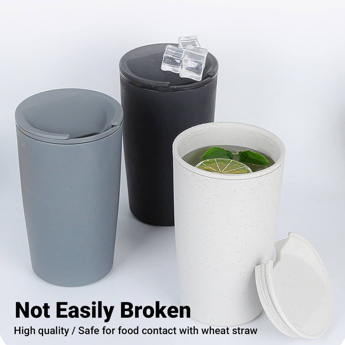 Wheat Straw Coffee Cups with Lids for Cold Drinks, Pack of 30, Black, Grey and White - view 5