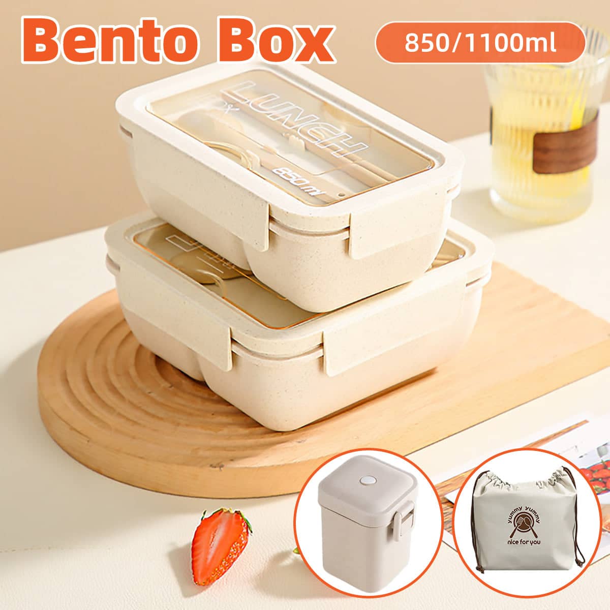 Wheat Straw Lunch Box with Spoon and Chopsticks - Rectangle 850ml (19.5 x 12 x 7cm) - view 2
