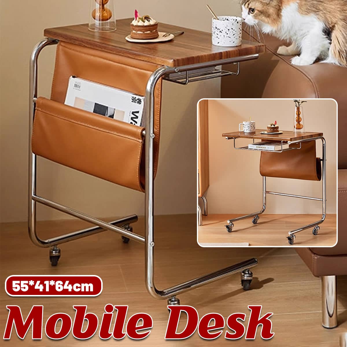 Wheeled Mobile Desk Side Table for Home Office with Lockable Wheels and Storage Pocket