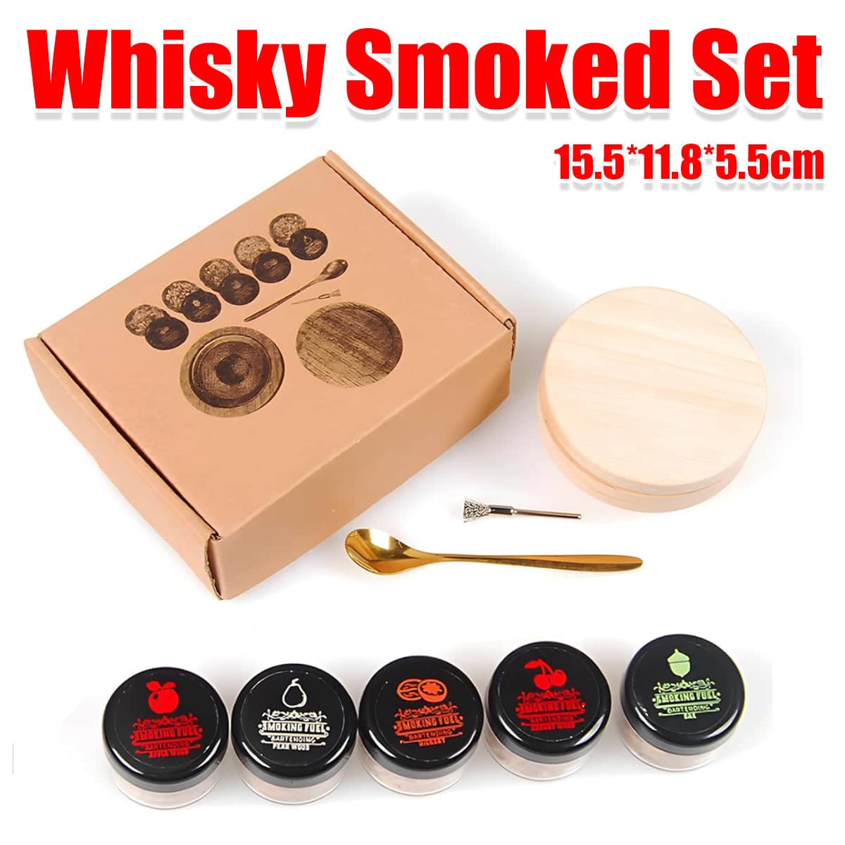 Whisky Smoker Kit with Solid Wood Lid and 5 Flavour Wood Chips for Cocktails and Beer