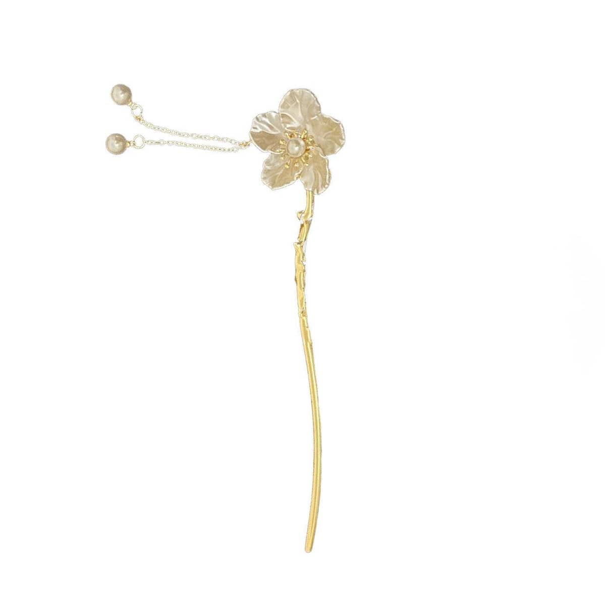 White Flower Fringe Hairpin with Pearl Centre, Vintage Chinese Style for Women - view 2