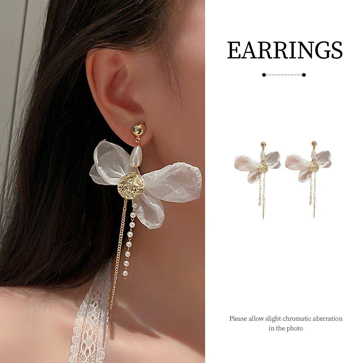 White Flower Long Drop Earrings for Women, White and Gold